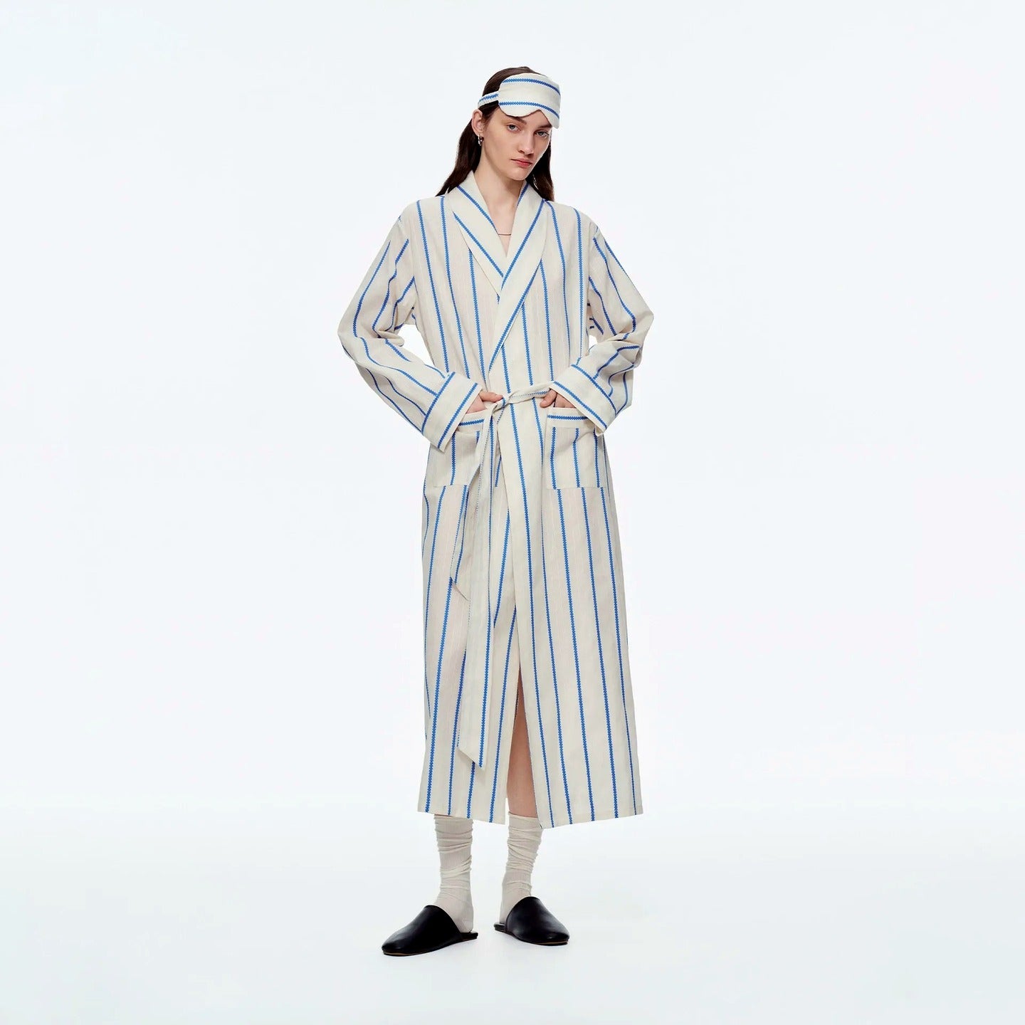 Baby Blue & White Stripe Cotton Long Robe