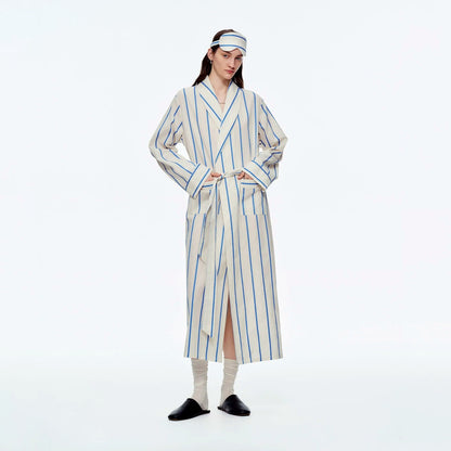 Baby Blue & White Stripe Cotton Long Robe