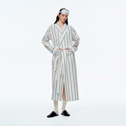 Baby Blue & White Stripe Cotton Long Robe