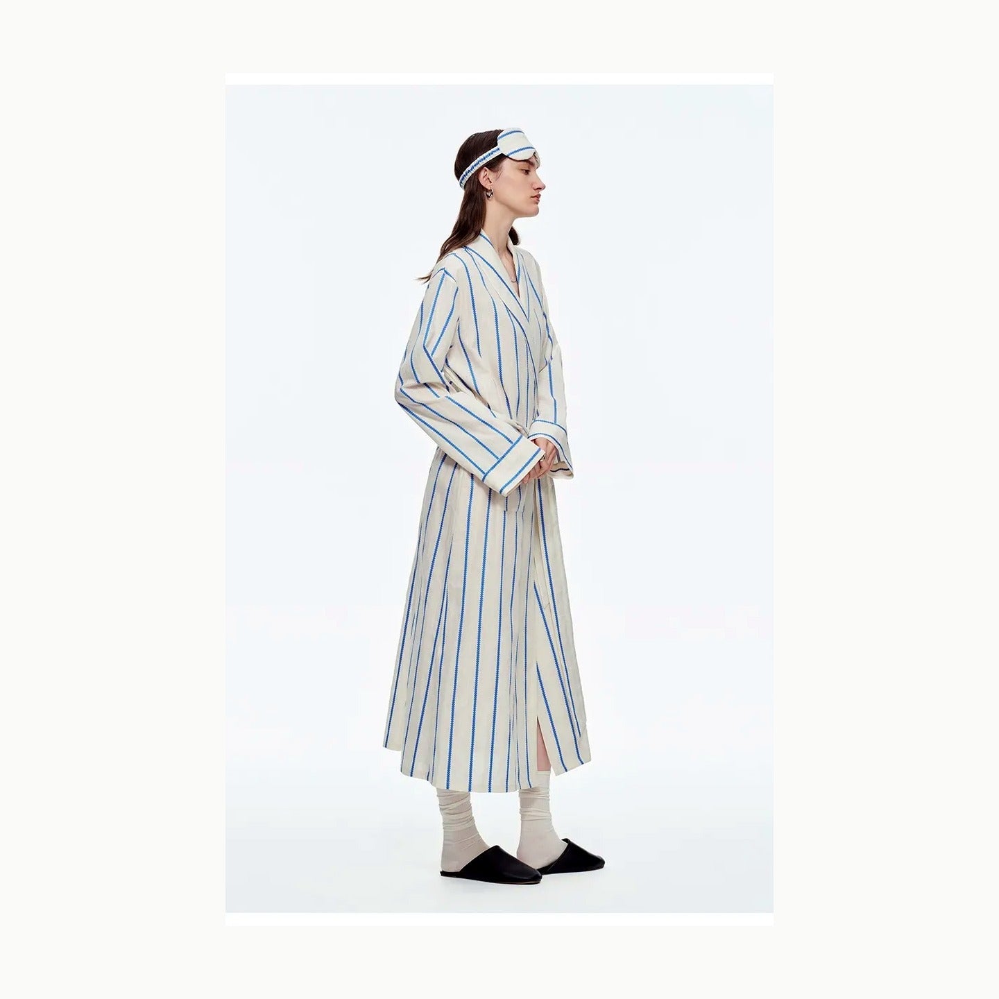 Baby Blue & White Stripe Cotton Long Robe