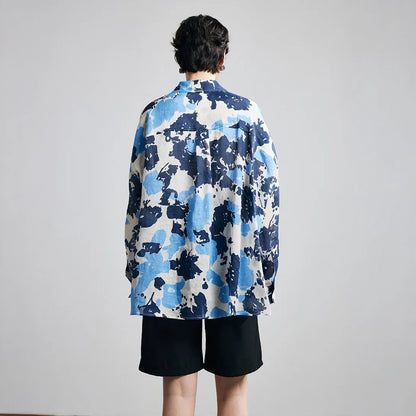 Blue Camouflage Print Ramie Long Sleeve Shirt - back view