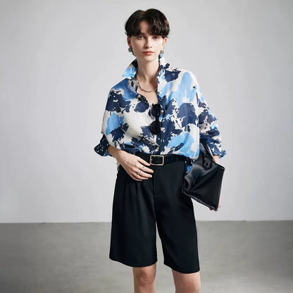 Blue Camouflage Print Ramie Long Sleeve Shirt - front bag styling