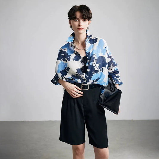 Blue Camouflage Print Ramie Long Sleeve Shirt - front bag styling