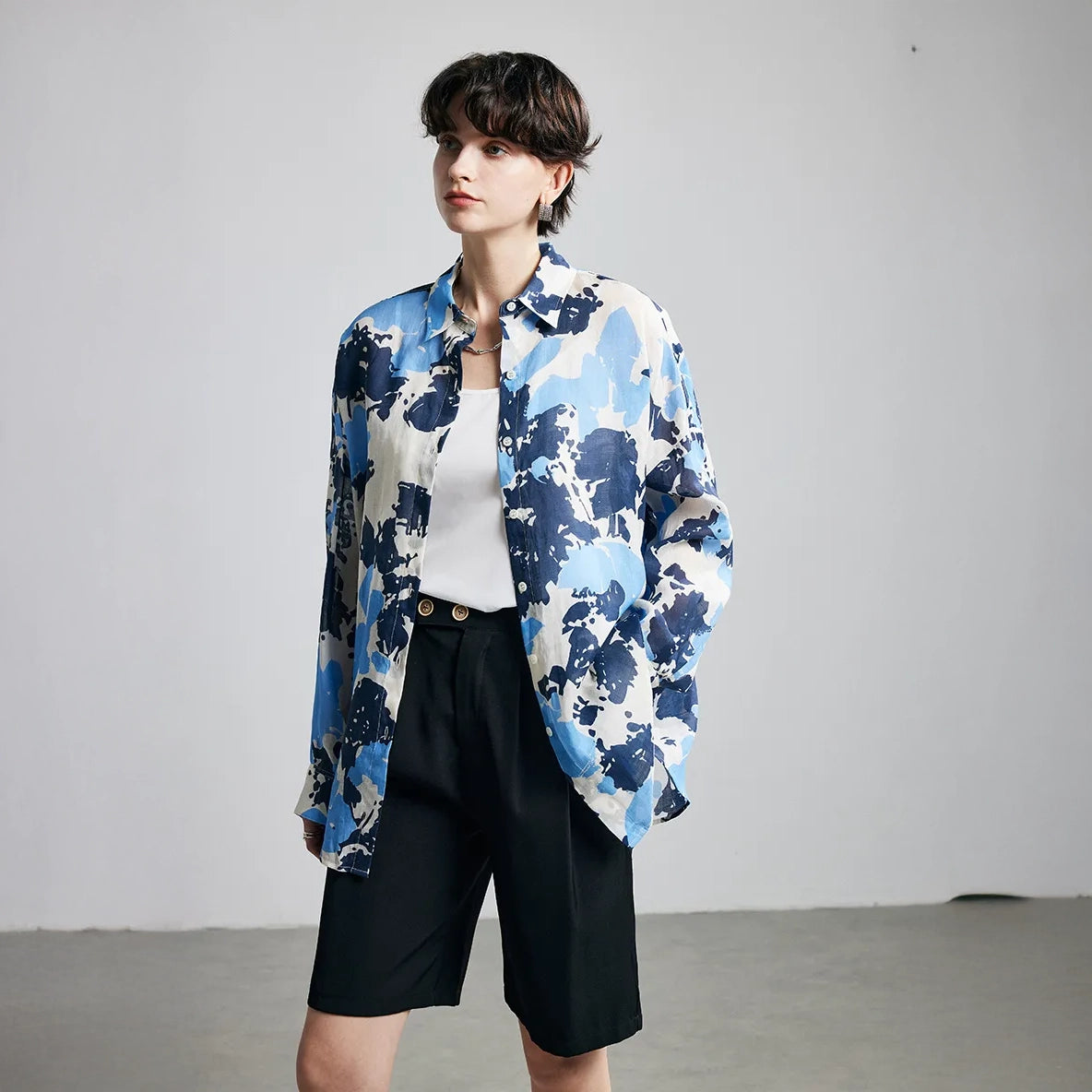 Blue Camouflage Print Ramie Long Sleeve Shirt - open front layering