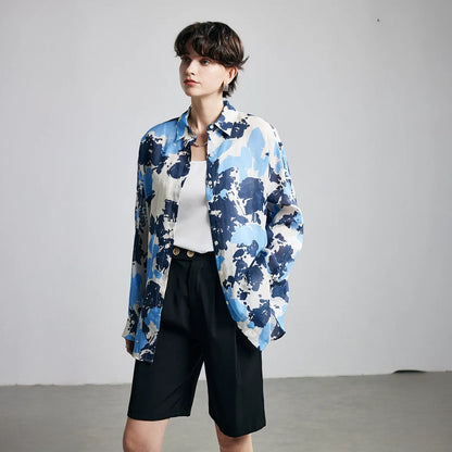 Blue Camouflage Print Ramie Long Sleeve Shirt - open front layering