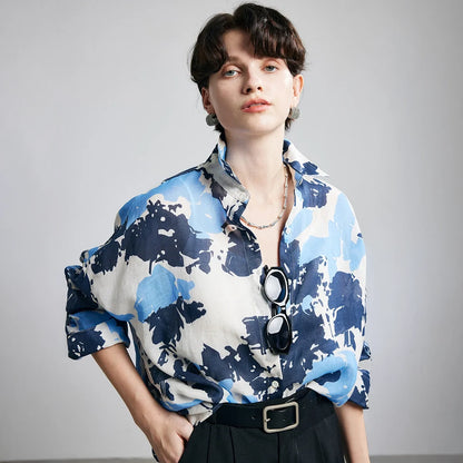 Blue Camouflage Print Ramie Long Sleeve Shirt - portrait collar detail