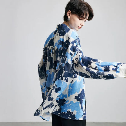 Blue Camouflage Print Ramie Long Sleeve Shirt - side drape view