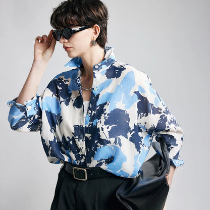 Blue Camouflage Print Ramie Long Sleeve Shirt - sunglasses styling