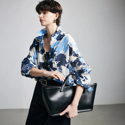 Blue Camouflage Print Ramie Long Sleeve Shirt - tote bag front