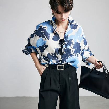 Blue Camouflage Print Ramie Long Sleeve Shirt - tucked front styling