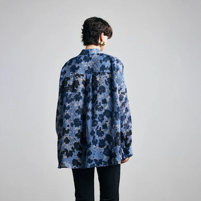 Blue Ink Dot Ramie Long Sleeve Shirt