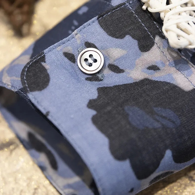 Blue Ink Dot Ramie Long Sleeve Shirt