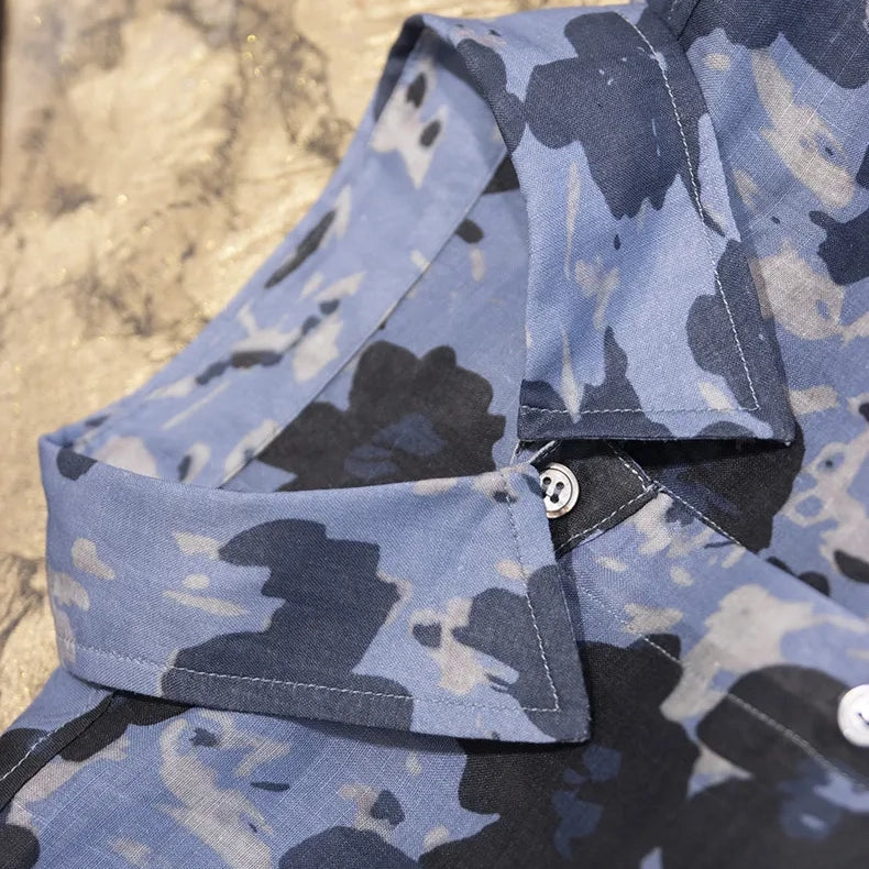 Blue Ink Dot Ramie Long Sleeve Shirt