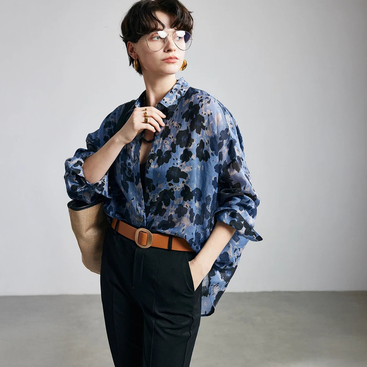 Blue Ink Dot Ramie Long Sleeve Shirt