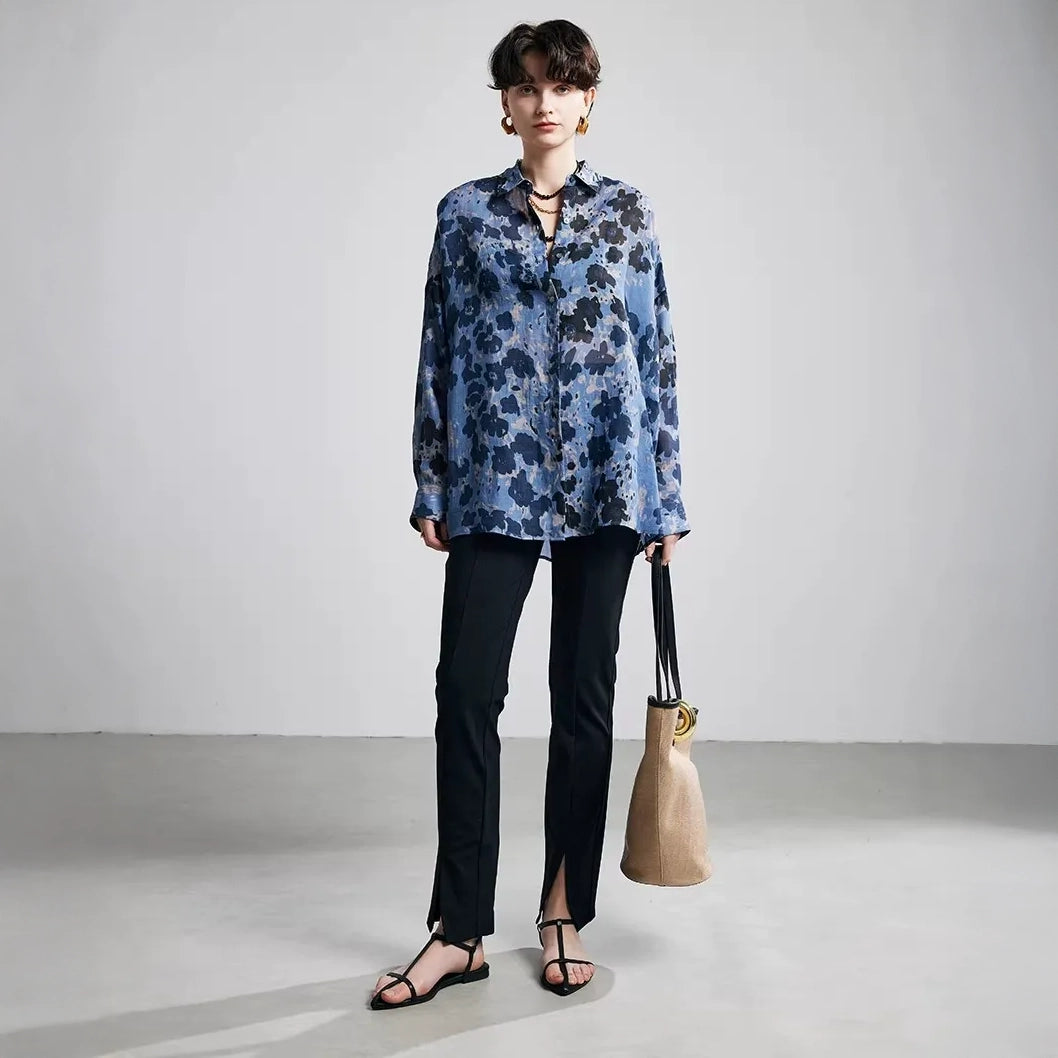 Blue Ink Dot Ramie Long Sleeve Shirt