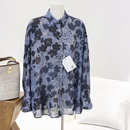 Blue Ink Dot Ramie Long Sleeve Shirt