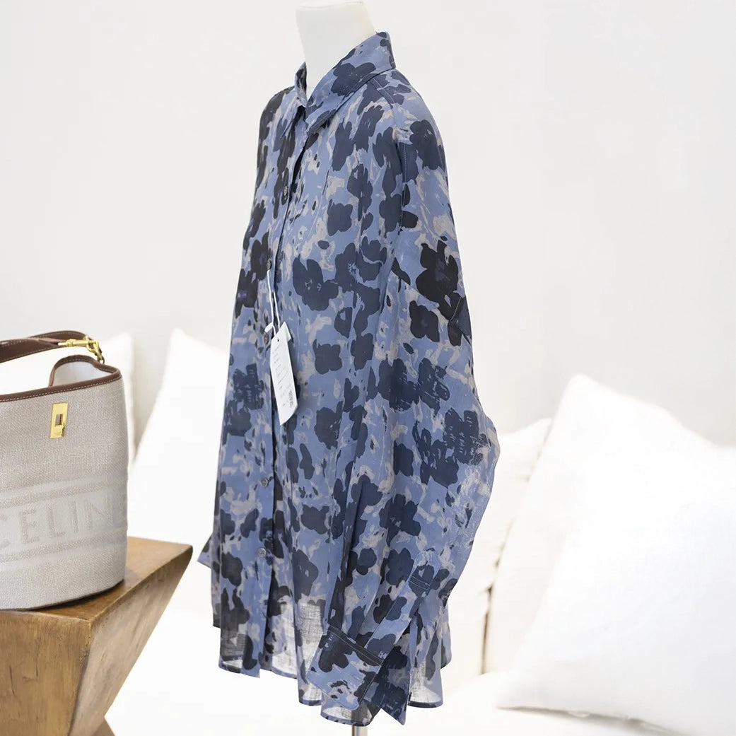 Blue Ink Dot Ramie Long Sleeve Shirt
