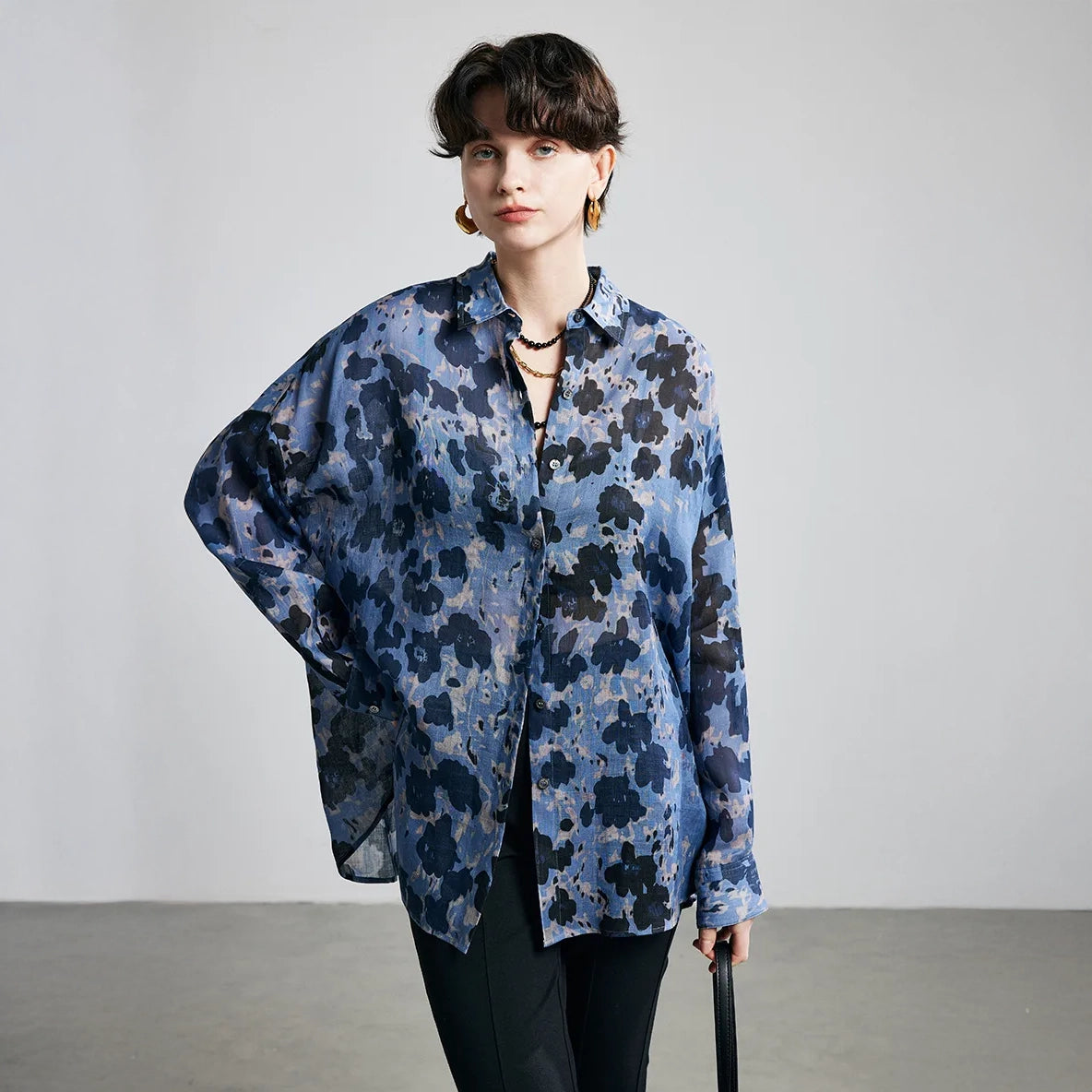 Blue Ink Dot Ramie Long Sleeve Shirt