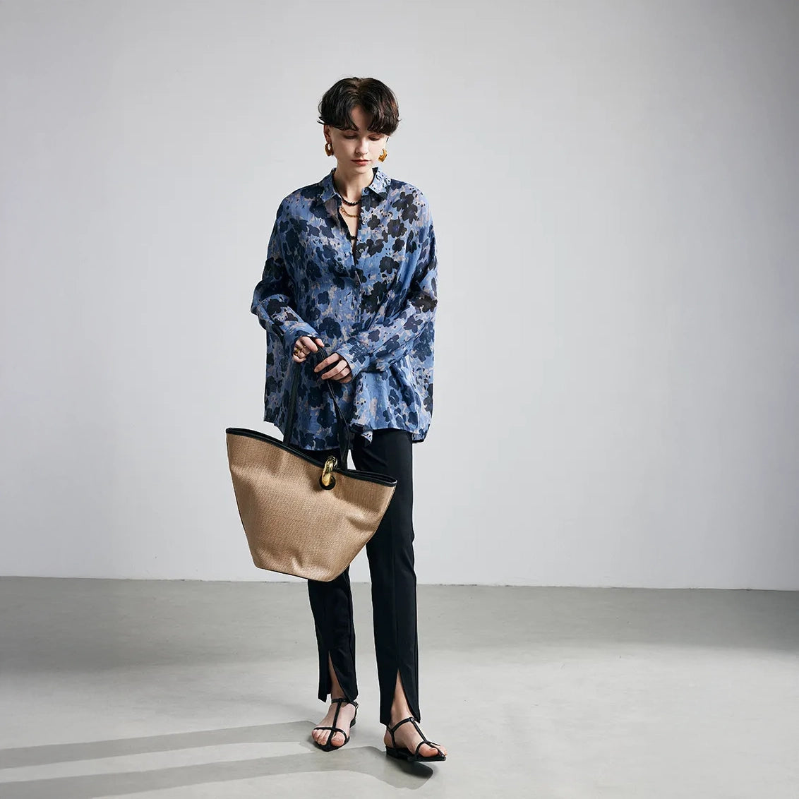 Blue Ink Dot Ramie Long Sleeve Shirt