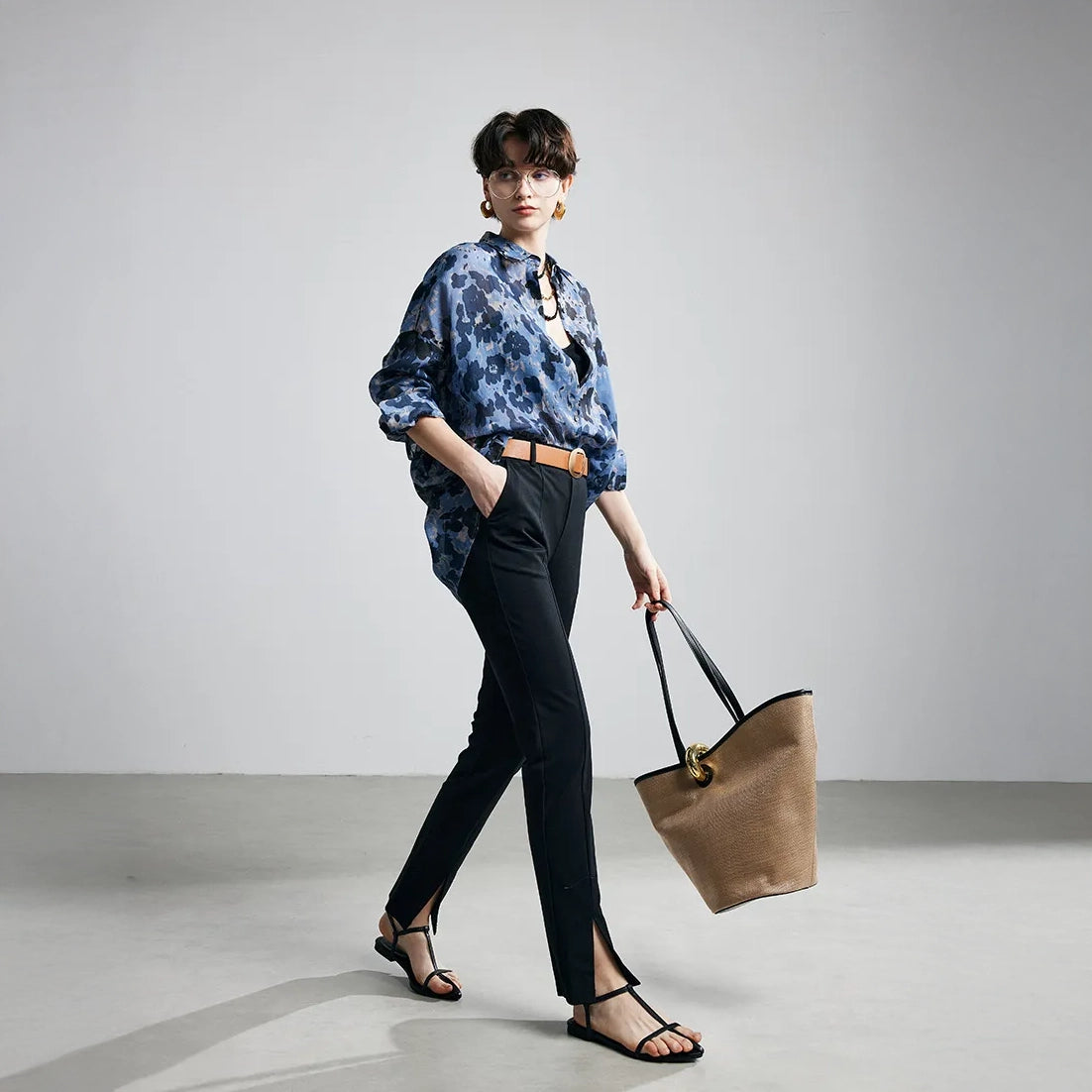 Blue Ink Dot Ramie Long Sleeve Shirt
