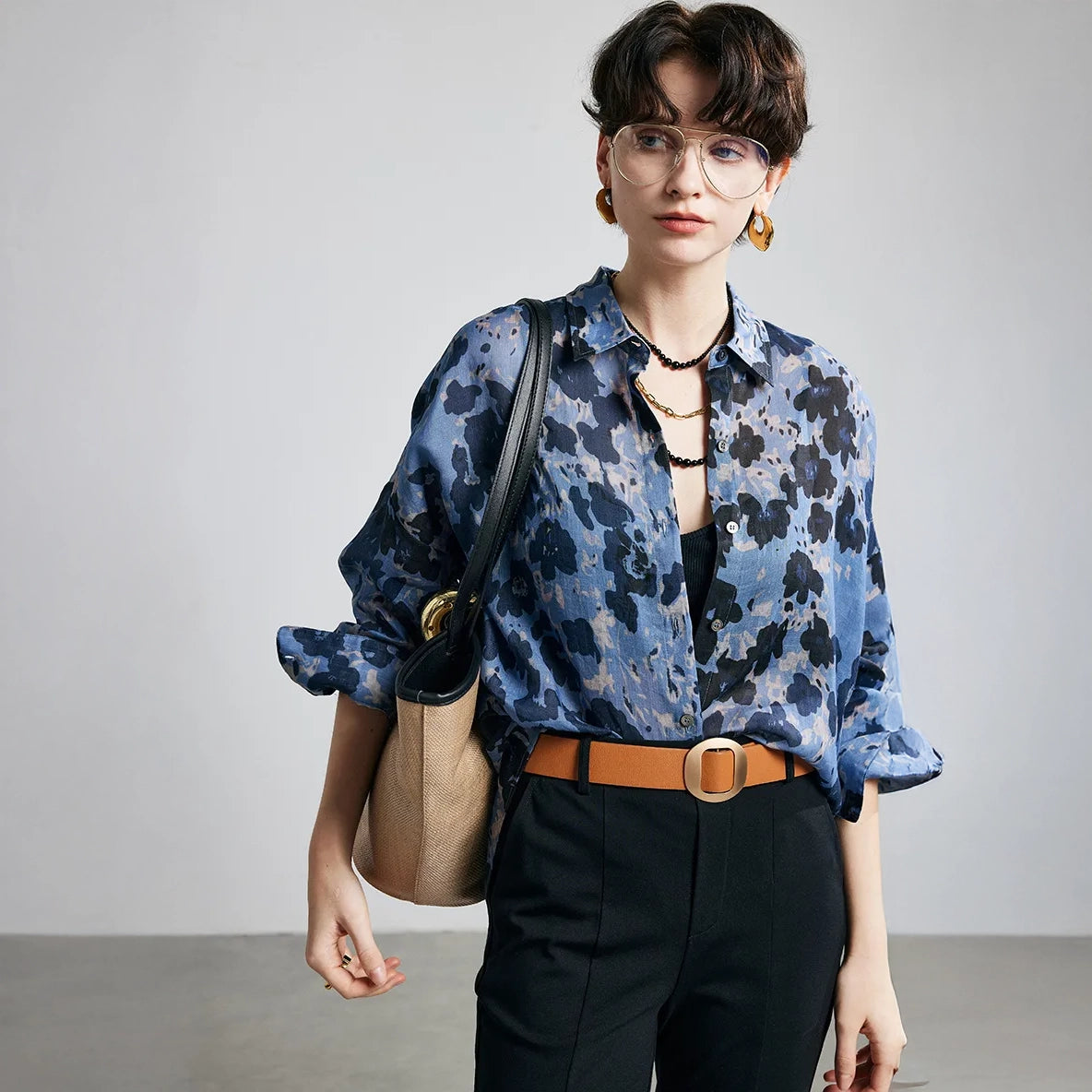 Blue Ink Dot Ramie Long Sleeve Shirt