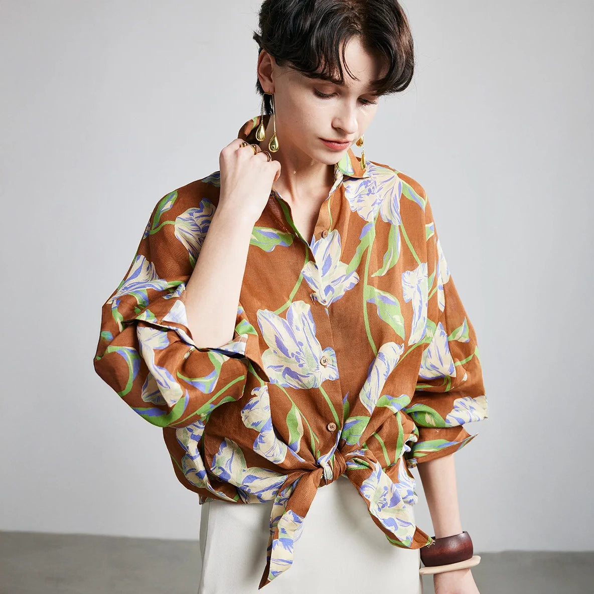 Brown Purple Lily Ramie Long Sleeve Shirt