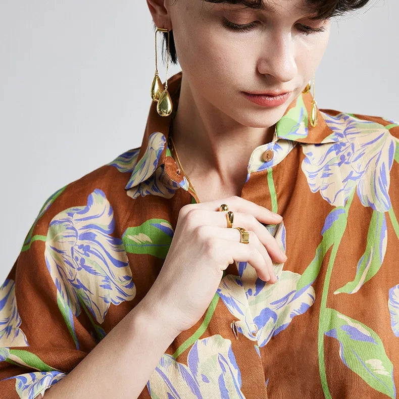Brown Purple Lily Ramie Long Sleeve Shirt