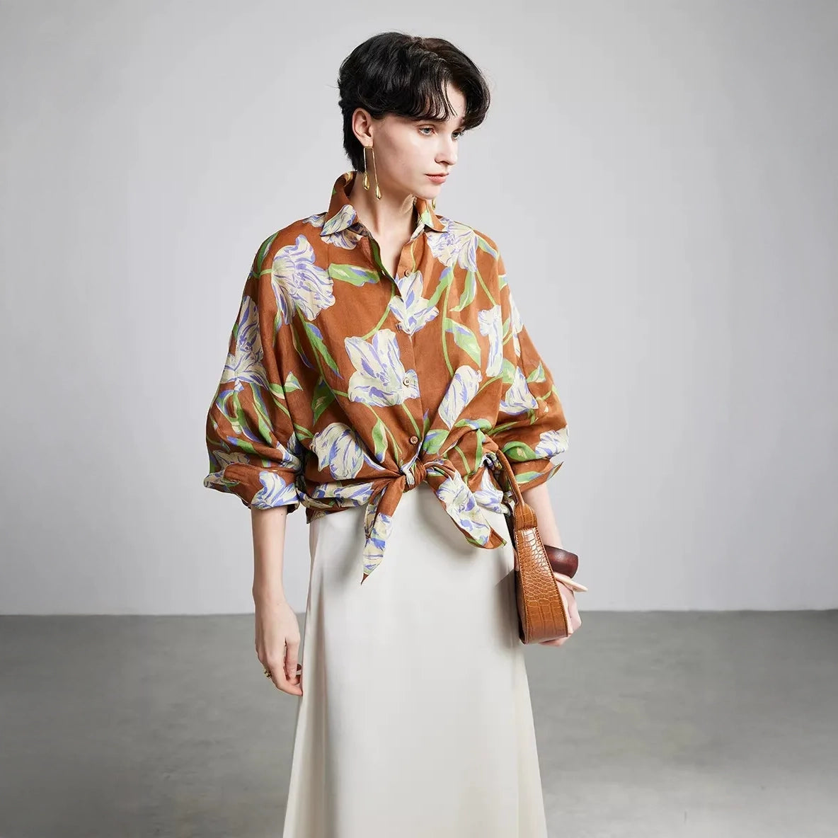 Brown Purple Lily Ramie Long Sleeve Shirt