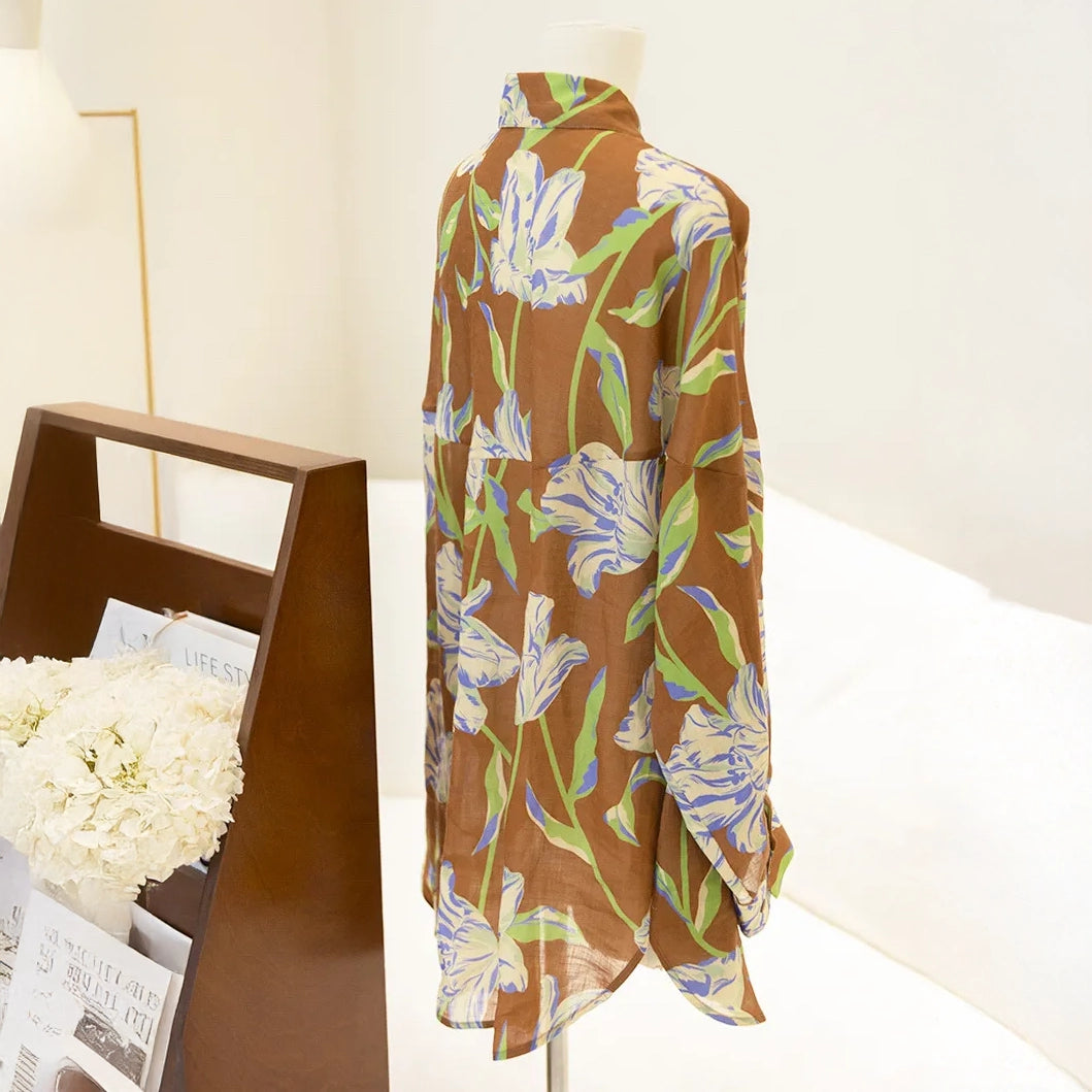 Brown Purple Lily Ramie Long Sleeve Shirt