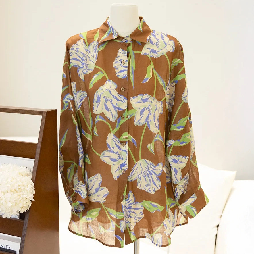 Brown Purple Lily Ramie Long Sleeve Shirt