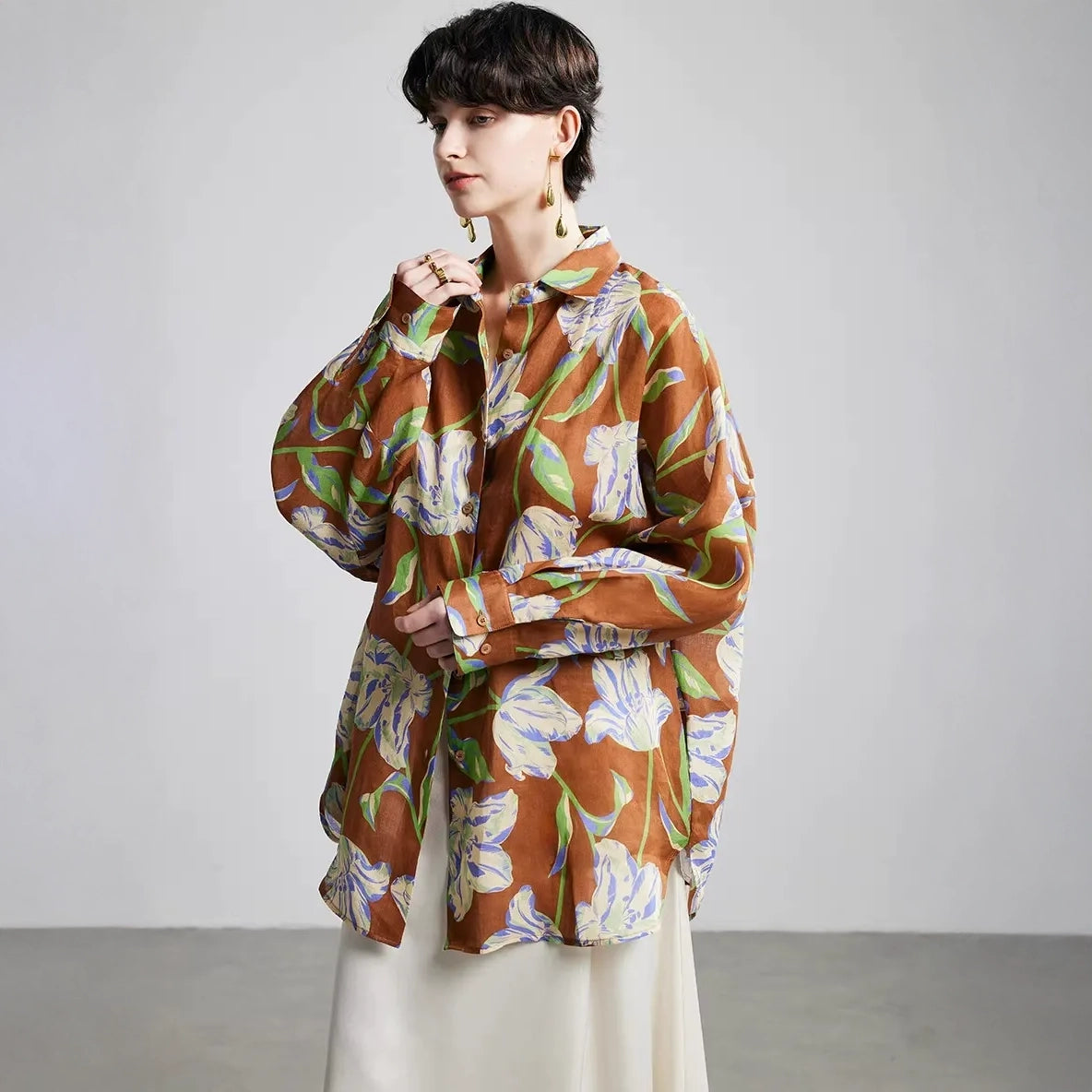 Brown Purple Lily Ramie Long Sleeve Shirt