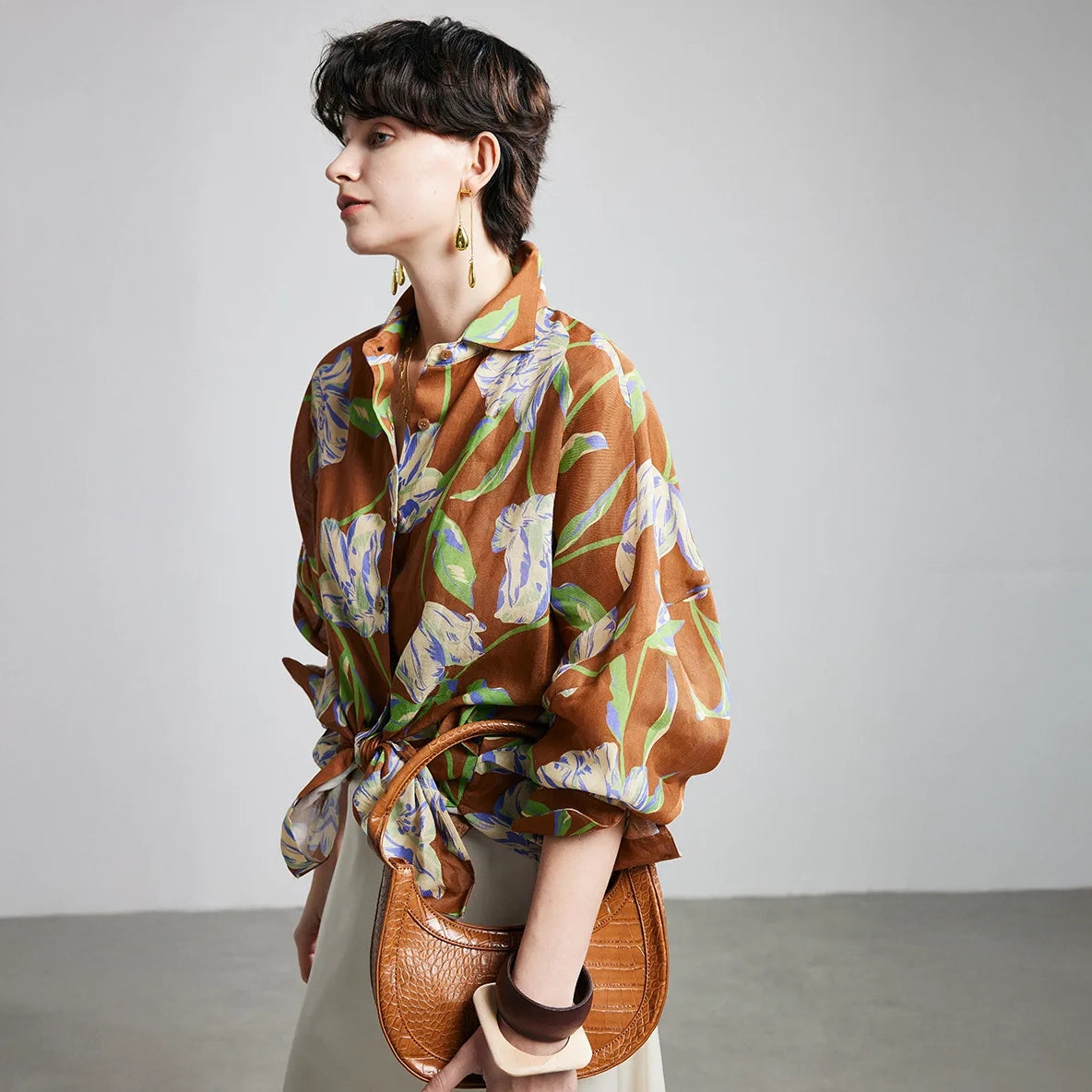 Brown Purple Lily Ramie Long Sleeve Shirt