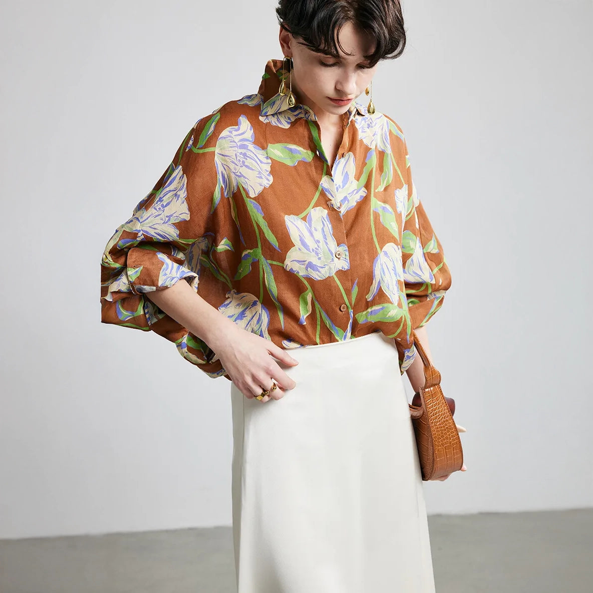 Brown Purple Lily Ramie Long Sleeve Shirt