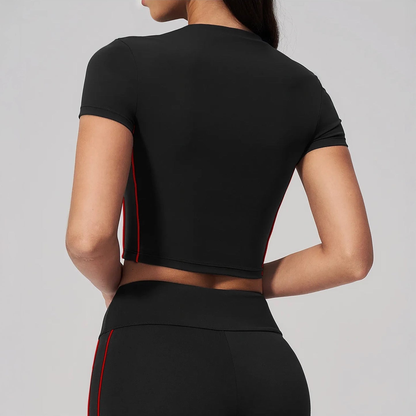 Brushed Short-Sleeve Yoga Crop Top - Black / Red - black red back view