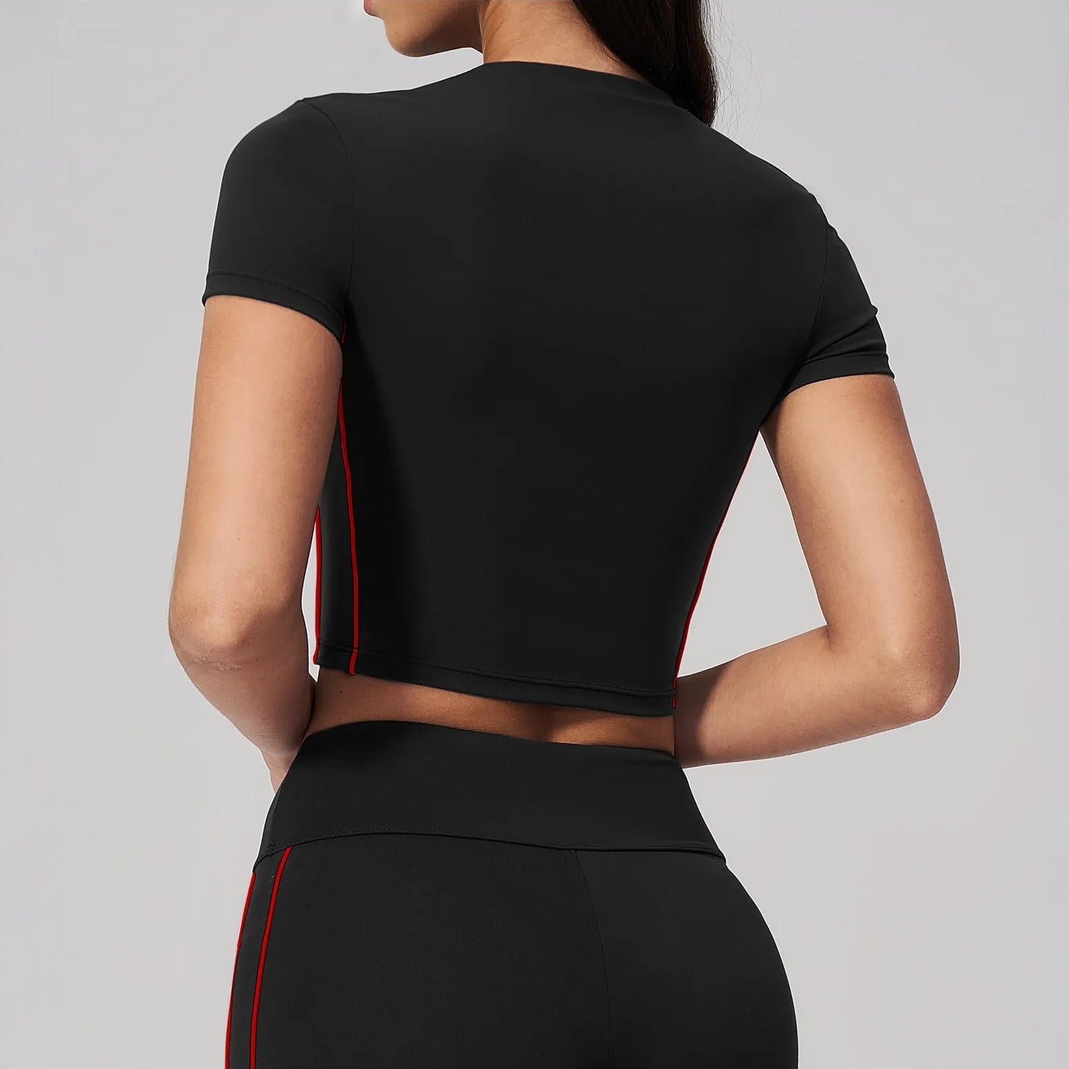 Brushed Short-Sleeve Yoga Crop Top - Black / Red - black red back view