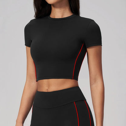 Brushed Short-Sleeve Yoga Crop Top - Black / Red - black red front view