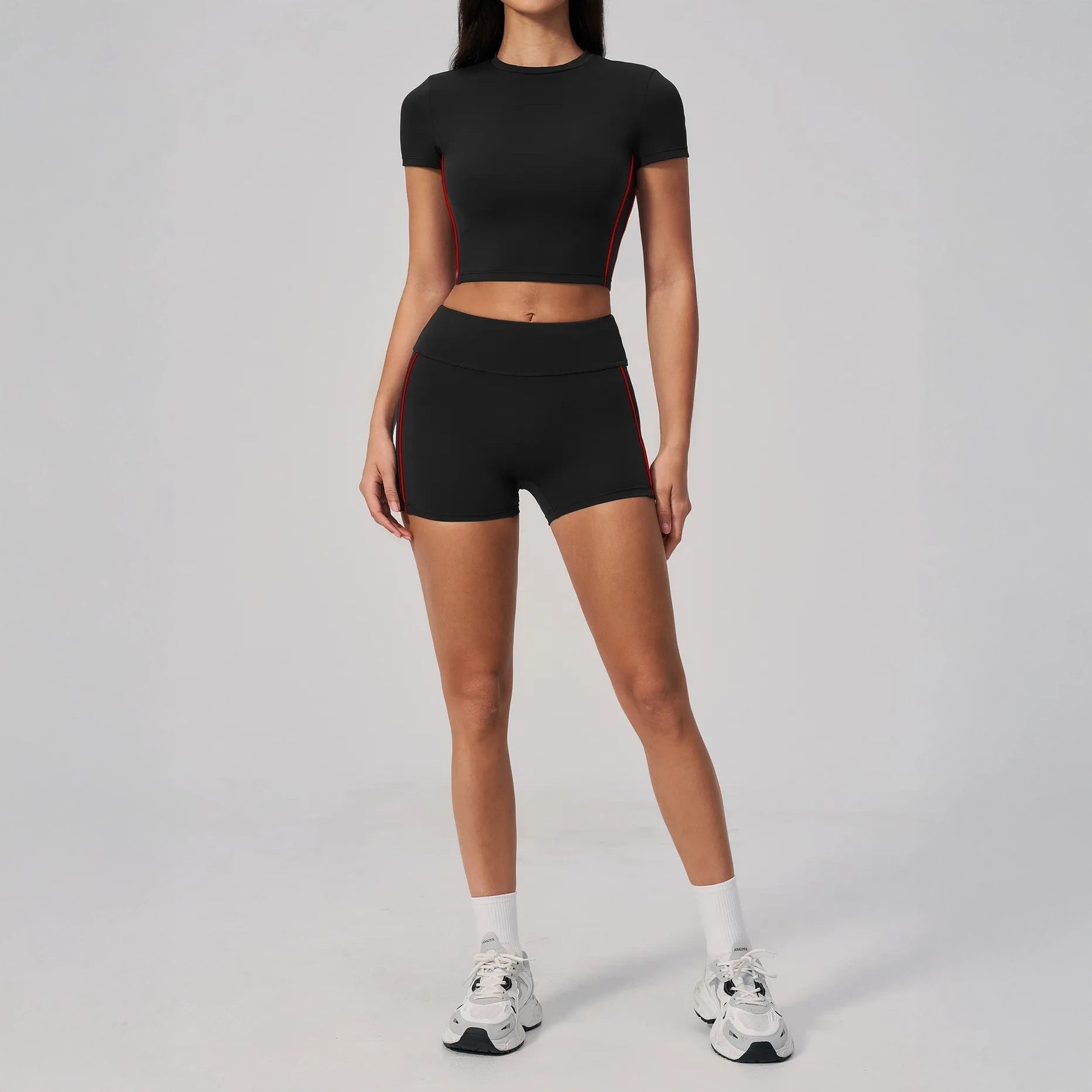Brushed Short-Sleeve Yoga Crop Top - Black / Red - black red full styling