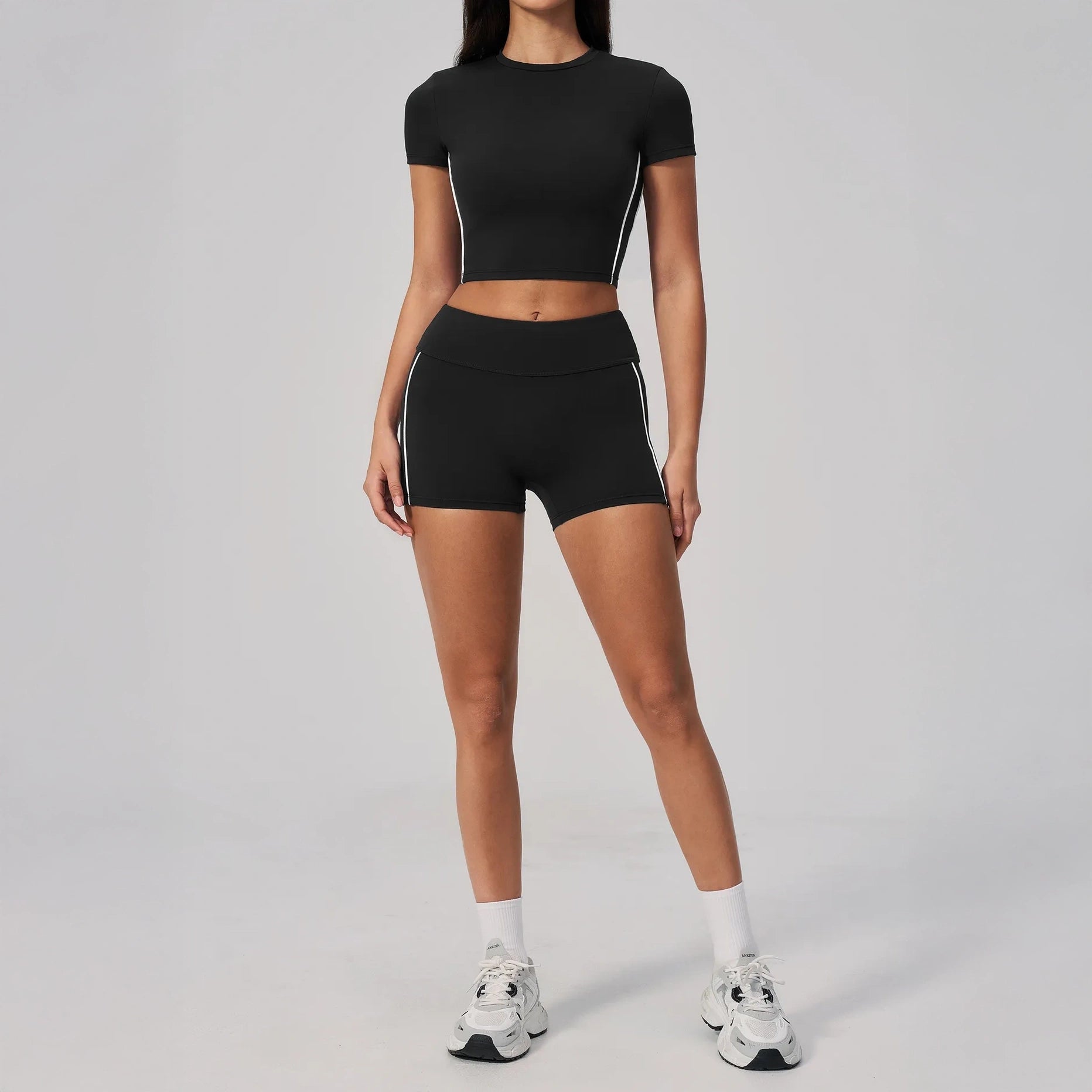 Brushed Short-Sleeve Yoga Crop Top - Black / White - black white back styling