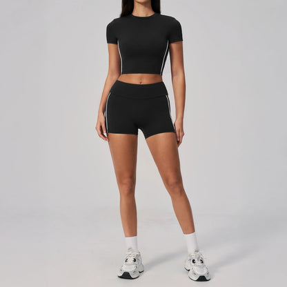 Brushed Short-Sleeve Yoga Crop Top - Black / White - black white back styling