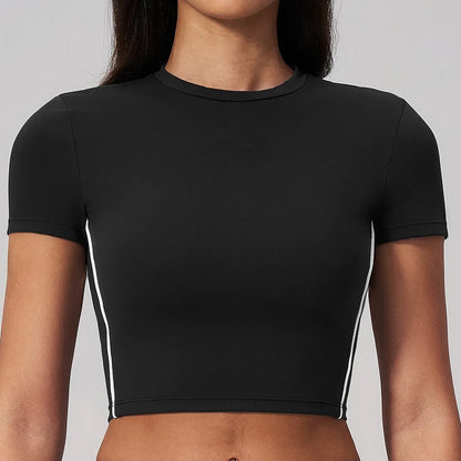 Brushed Short-Sleeve Yoga Crop Top - Black / White - black white front view