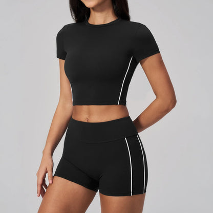 Brushed Short-Sleeve Yoga Crop Top - Black / White - black white full styling