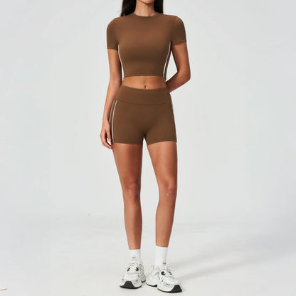 Brushed Short-Sleeve Yoga Crop Top - Chestnut Brown / Cream - chestnut brown cream back styling