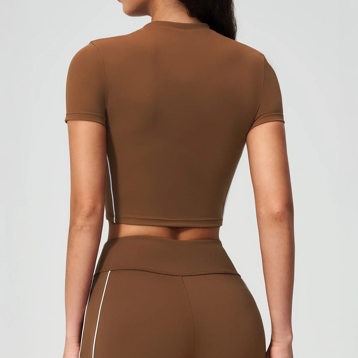 Brushed Short-Sleeve Yoga Crop Top - Chestnut Brown / Cream - chestnut brown cream back view