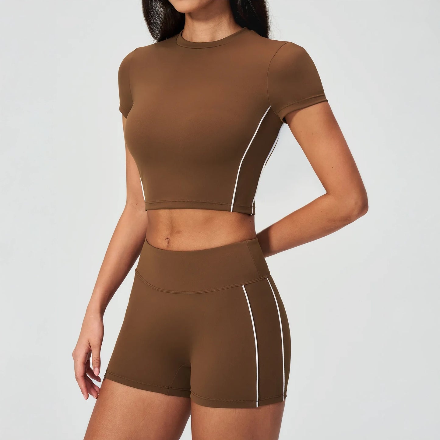 Brushed Short-Sleeve Yoga Crop Top - Chestnut Brown / Cream - chestnut brown cream front styling