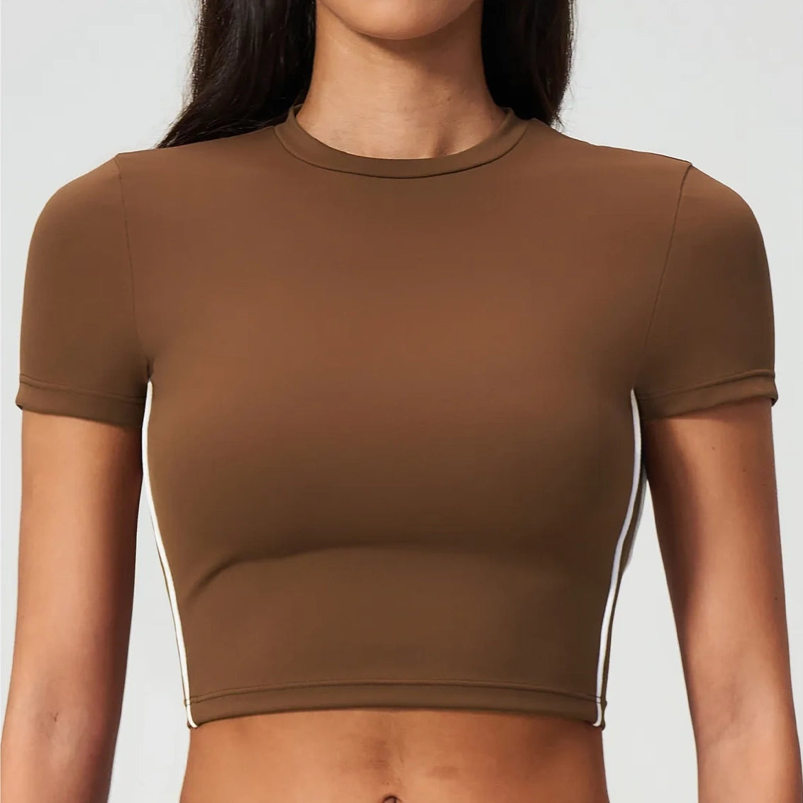 Brushed Short-Sleeve Yoga Crop Top - Chestnut Brown / Cream - chestnut brown cream front view