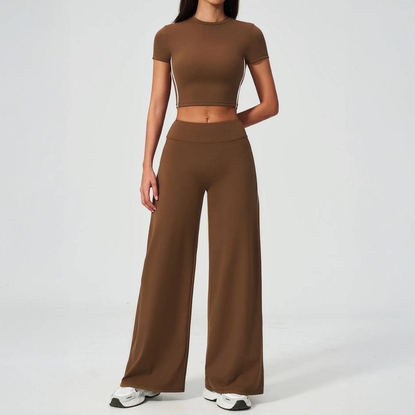 Brushed Short-Sleeve Yoga Crop Top - Chestnut Brown / Cream - chestnut brown cream full styling