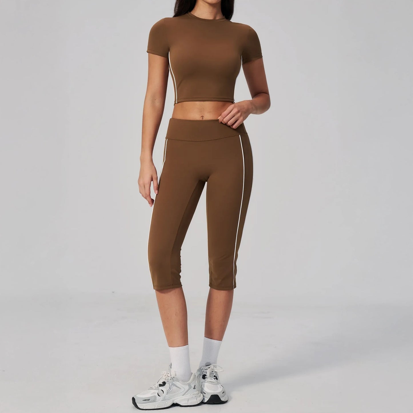 Brushed Short-Sleeve Yoga Crop Top - Chestnut Brown / Cream - chestnut brown cream shorts styling
