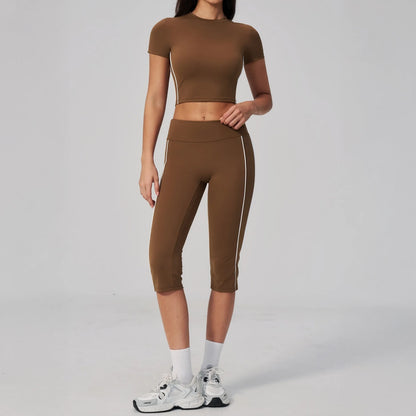 Brushed Short-Sleeve Yoga Crop Top - Chestnut Brown / Cream - chestnut brown cream shorts styling