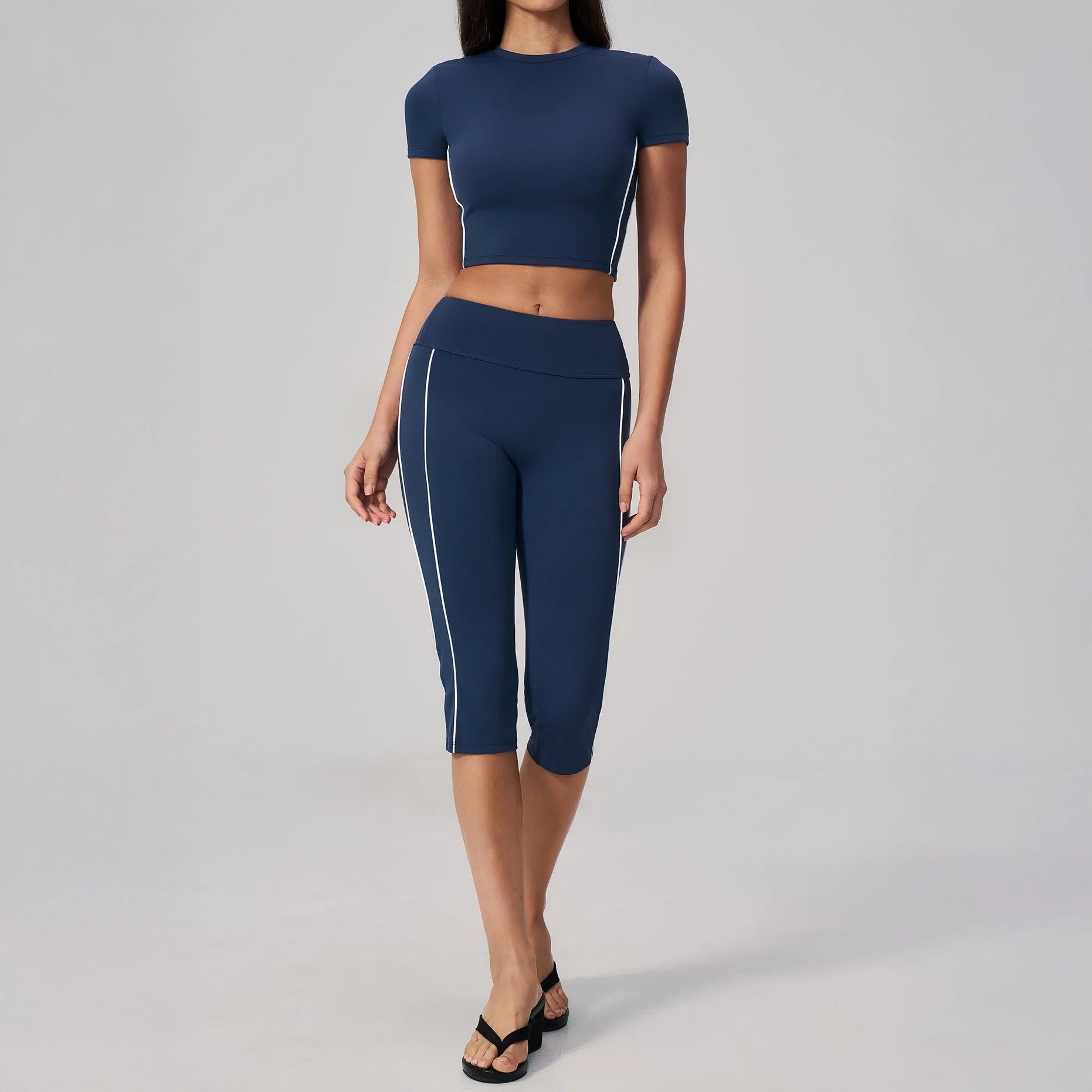 Brushed Short-Sleeve Yoga Crop Top - Navy Blue / White - navy blue white back styling