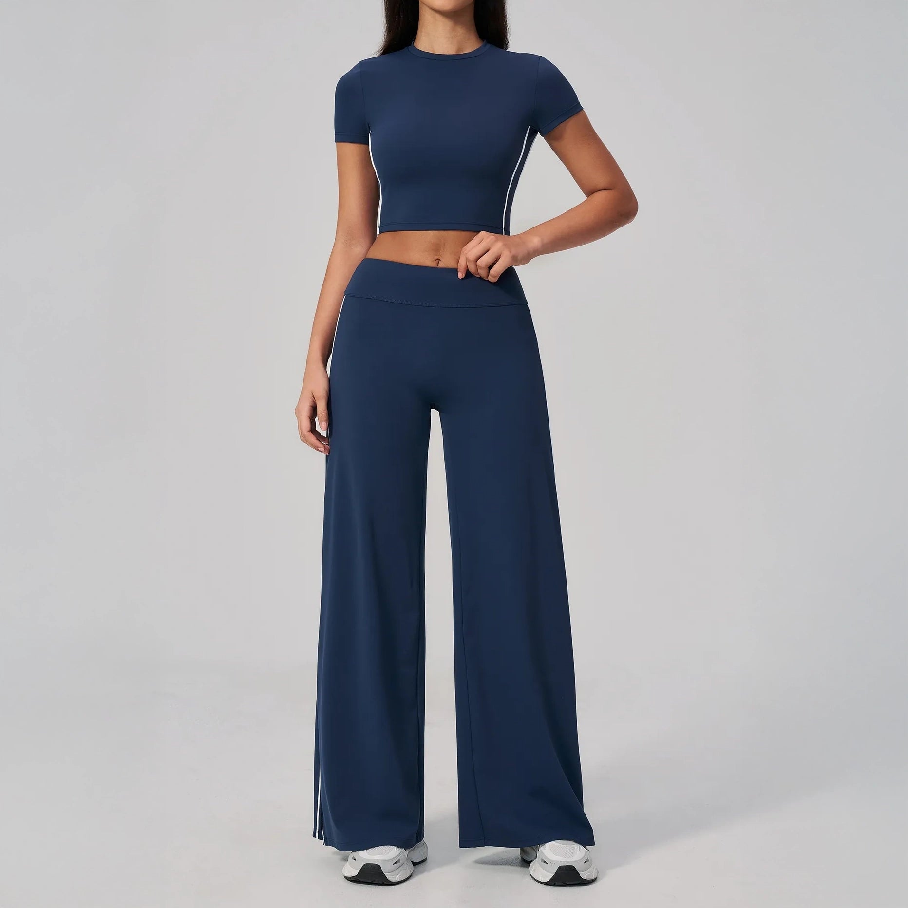Brushed Short-Sleeve Yoga Crop Top - Navy Blue / White - navy blue white full styling